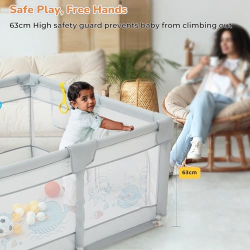 Dawnwake 120x120 cm Playpen for Baby up to 3 Years with Safety Lock & Anti-Fall Grasp Rings (No Ball/No Mat, Non-Foldable) - Grey - Image 5