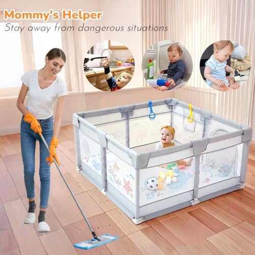 Dawnwake 120x120 cm Playpen for Baby up to 3 Years with Safety Lock & Anti-Fall Grasp Rings (No Ball/No Mat, Non-Foldable) - Grey - Image 3