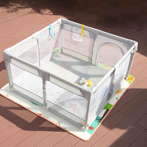 Dawnwake 120x120 cm Playpen for Baby up to 3 Years with Safety Lock & Anti-Fall Grasp Rings (No Ball/No Mat, Non-Foldable) - Grey - Image 1