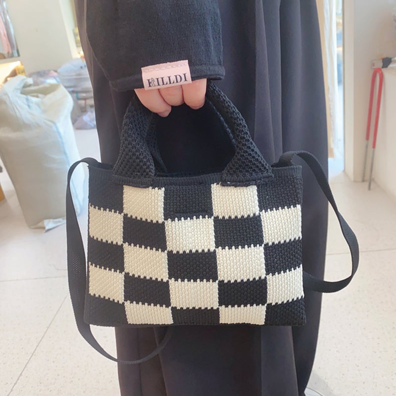 Autumn New Handbag Knitted Bag Cross-Body Bag Mini Checkerboard Tote Bag Bag For Women - Image 1