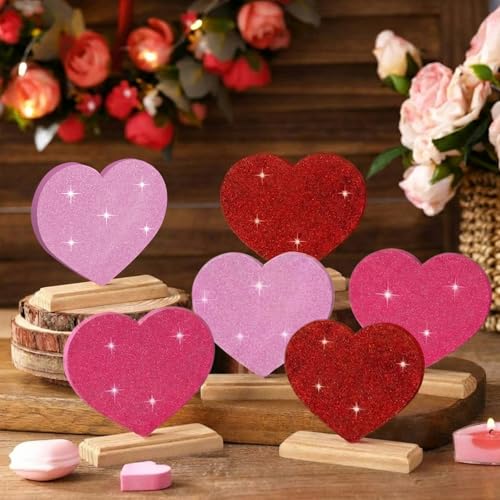Yousoontic 6 Pcs Valentine Day Wooden Heart Signs Wood Heart Blocks Tiered Tray Decor Red Pink Table Centerpieces Farmhouse Home Kitchen Valentine Gift Tiered Tray Decor for Home Office Mantel - Image 1