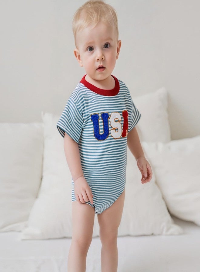 DNOMAID YZARC Baby Boy 4th of July Outfit USA Embroidery Bubble Romper Striped Short Sleeve Waffle Jumpsuit Bodysuit Tops (Blue, 6-12 Months) - Image 2