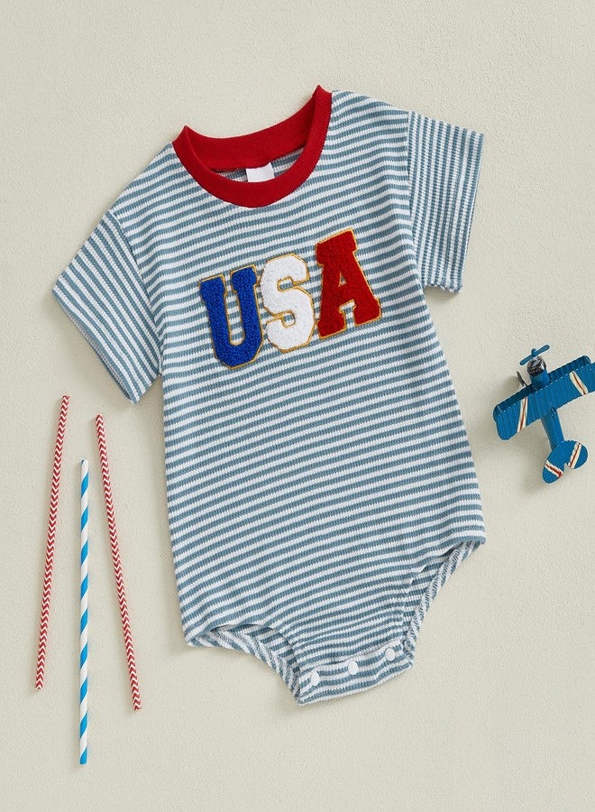 DNOMAID YZARC Baby Boy 4th of July Outfit USA Embroidery Bubble Romper Striped Short Sleeve Waffle Jumpsuit Bodysuit Tops (Blue, 6-12 Months) - Image 3