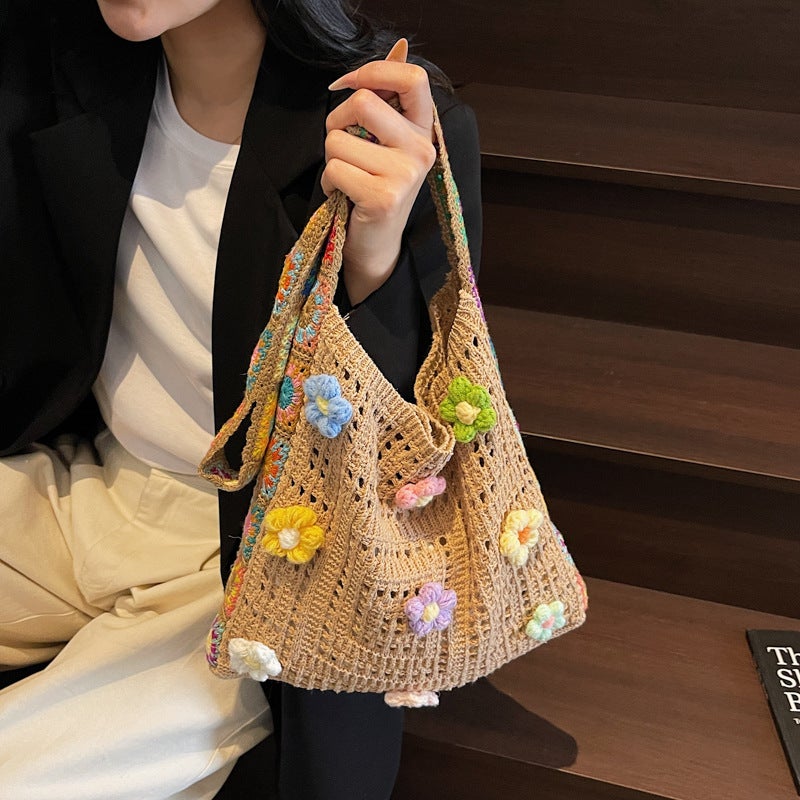 Net Red Knitted Shoulder Bag Small Flower Messenger Bag Factory Girl Small Fresh Backpack Beach Bag - Image 4