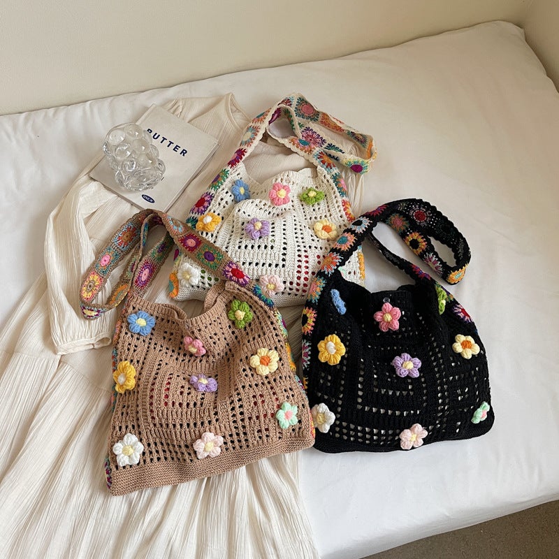 Net Red Knitted Shoulder Bag Small Flower Messenger Bag Factory Girl Small Fresh Backpack Beach Bag - Image 5