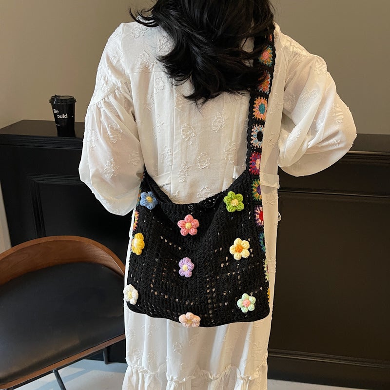 Net Red Knitted Shoulder Bag Small Flower Messenger Bag Factory Girl Small Fresh Backpack Beach Bag - Image 3