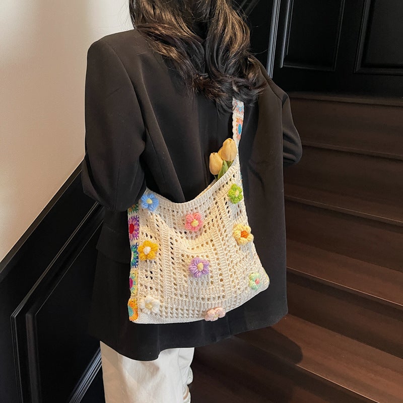 Net Red Knitted Shoulder Bag Small Flower Messenger Bag Factory Girl Small Fresh Backpack Beach Bag - Image 2
