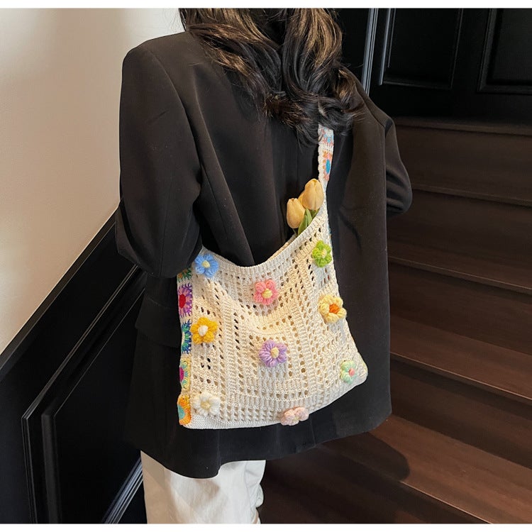 Net Red Knitted Shoulder Bag Small Flower Messenger Bag Factory Girl Small Fresh Backpack Beach Bag - Image 1