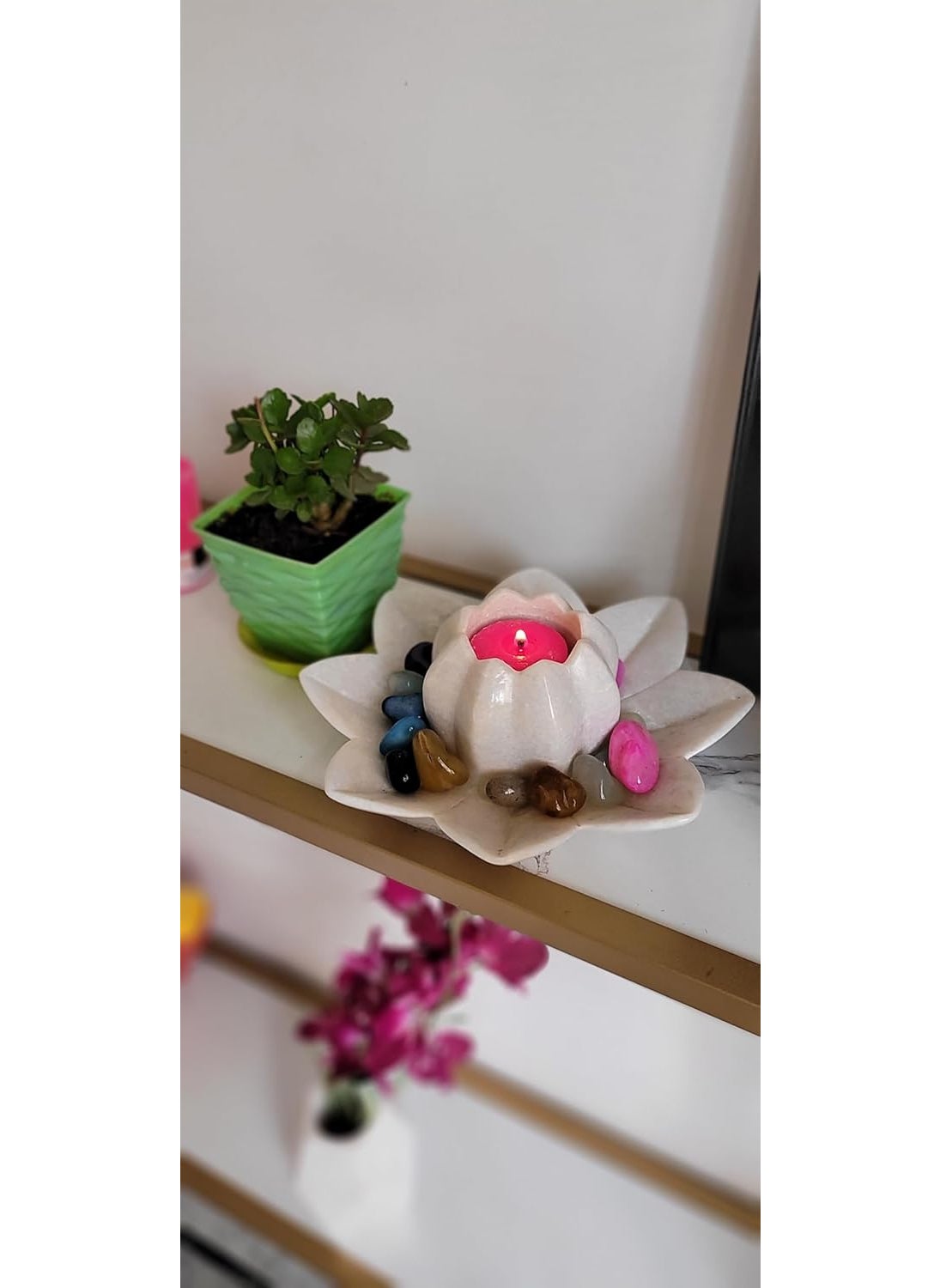 R&M - R&M RM Marble Flower Utility Bowl | Flower Shape Serving Bowl with Flower Candle Holder | Decor Fruit Bowl, Kitchen, Pooja Room, Desk Table & Flower Bowl, Housewarming & Wedding Gifts | White - Image 1
