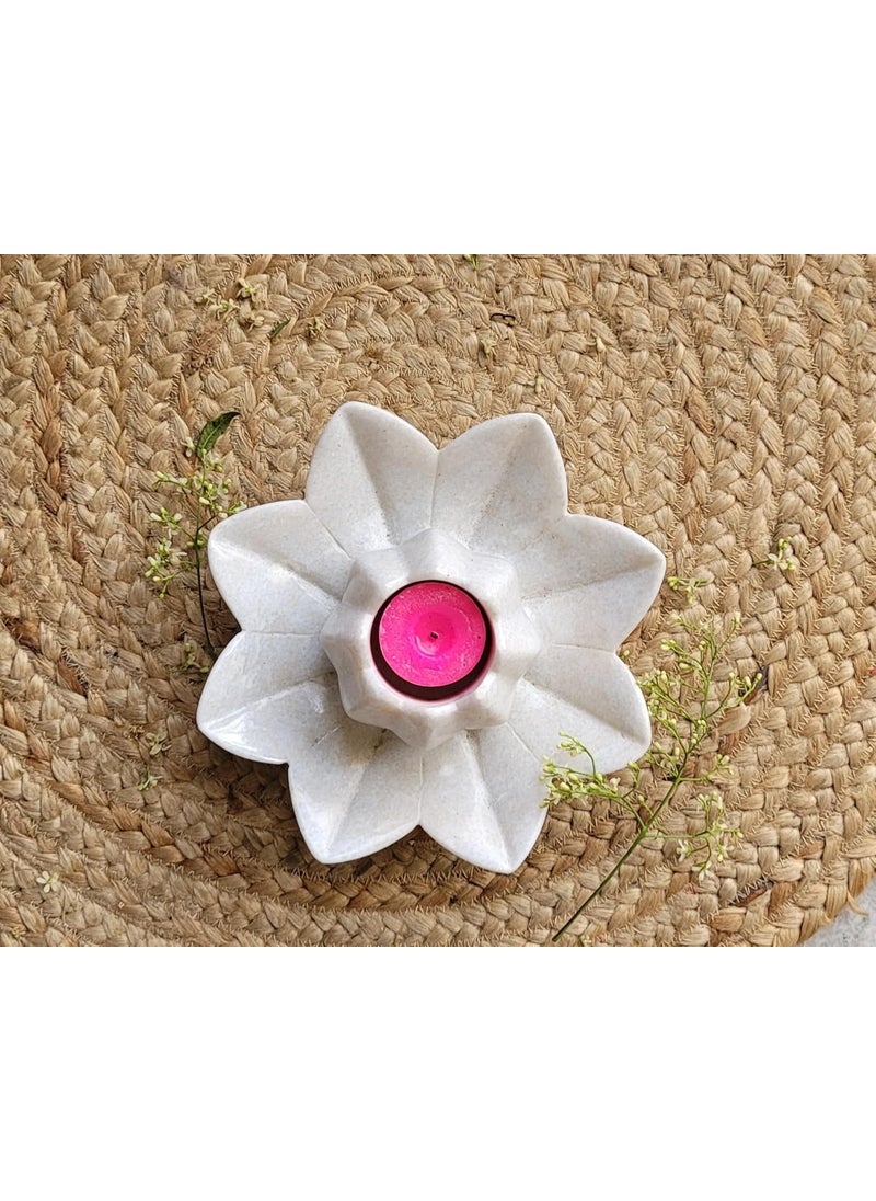 R&M - R&M RM Marble Flower Utility Bowl | Flower Shape Serving Bowl with Flower Candle Holder | Decor Fruit Bowl, Kitchen, Pooja Room, Desk Table & Flower Bowl, Housewarming & Wedding Gifts | White - Image 1