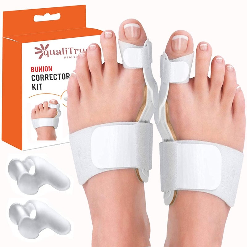 QualiTrue Bunion Corrector for Women Men, Orthopedic Toe Separator Straightener Bunion Splint with Fracture Support and Bunion Thumb Corrector, Adjustable Design for Right/Left Foot Alignment (2 Splint, 2 Separator) - Image 1