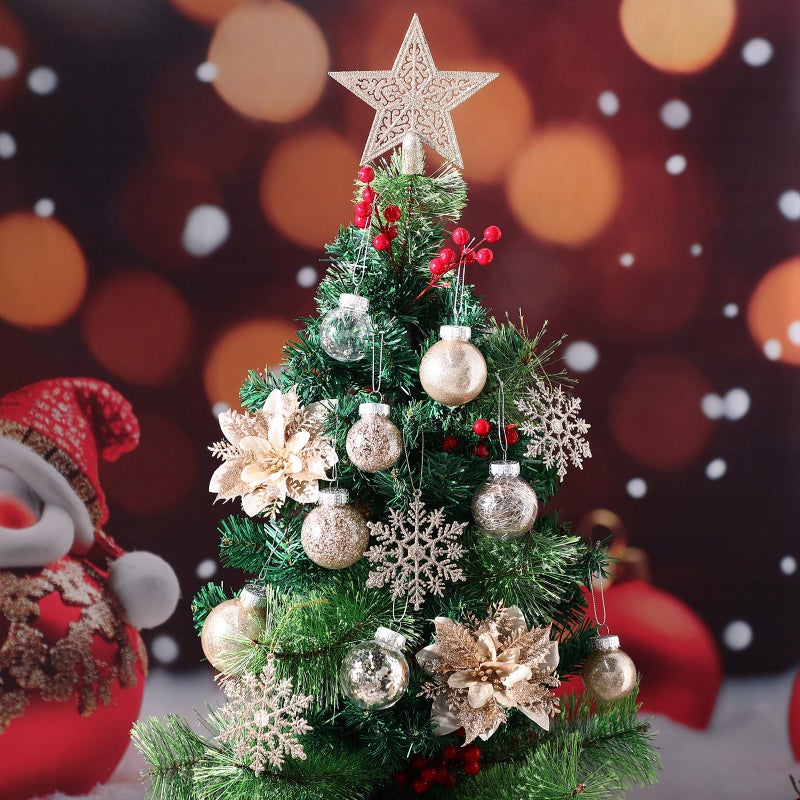 Jenaai 74 Pcs Christmas Ball Ornaments Set Plastic Shatterproof Christmas Tree Decorations with Hanging Snowflakes Ribbons Artificial Poinsettia Flowers Tree Topper for Xmas Decor (Champagne Gold) - Image 5