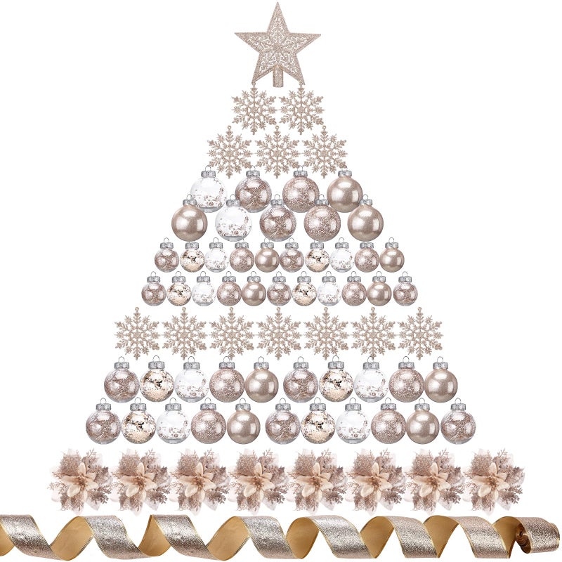 Jenaai 74 Pcs Christmas Ball Ornaments Set Plastic Shatterproof Christmas Tree Decorations with Hanging Snowflakes Ribbons Artificial Poinsettia Flowers Tree Topper for Xmas Decor (Champagne Gold) - Image 1
