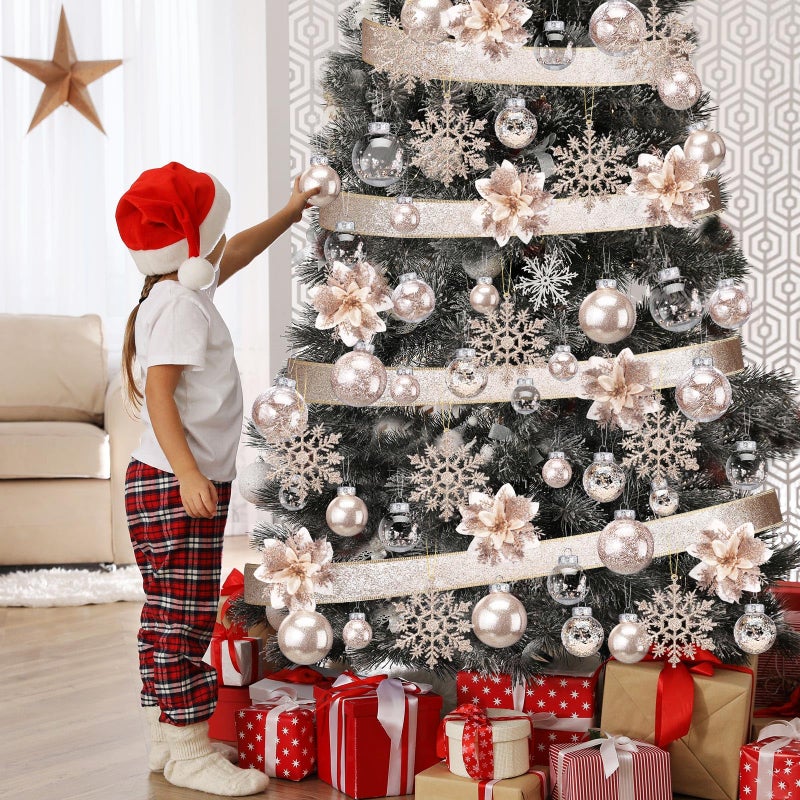 Jenaai 74 Pcs Christmas Ball Ornaments Set Plastic Shatterproof Christmas Tree Decorations with Hanging Snowflakes Ribbons Artificial Poinsettia Flowers Tree Topper for Xmas Decor (Champagne Gold) - Image 4
