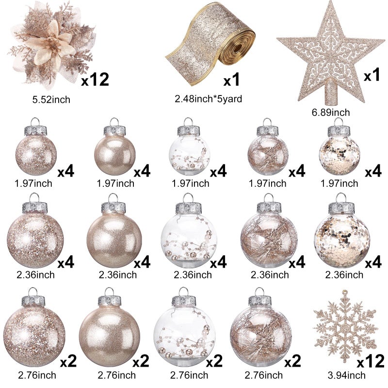 Jenaai 74 Pcs Christmas Ball Ornaments Set Plastic Shatterproof Christmas Tree Decorations with Hanging Snowflakes Ribbons Artificial Poinsettia Flowers Tree Topper for Xmas Decor (Champagne Gold) - Image 2