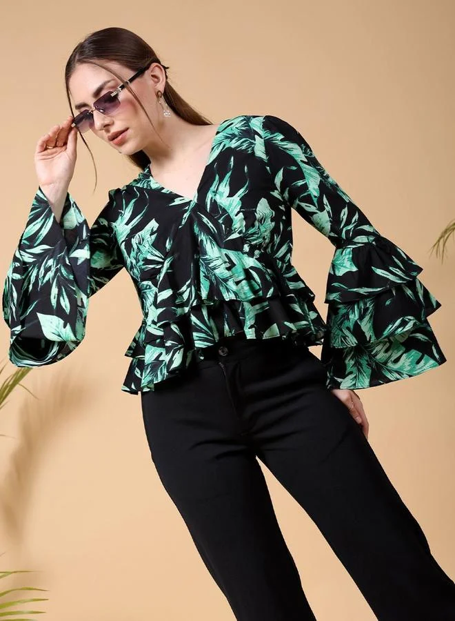 Freehand Freehand Women Black Tropical Print Top with Layered Sleeve