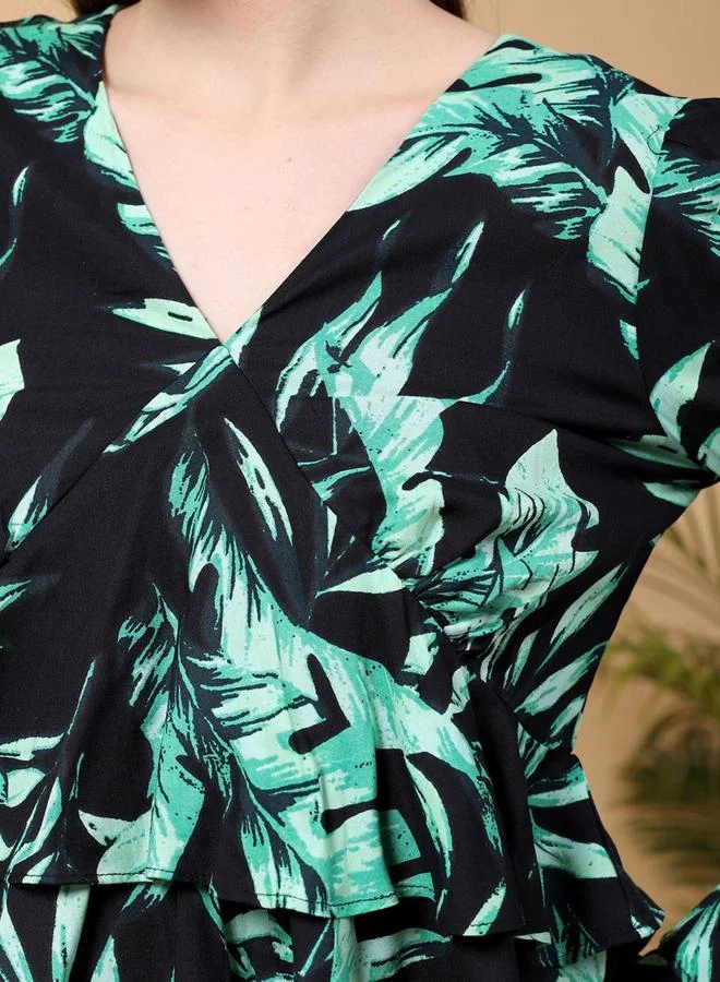 Freehand Freehand Women Black Tropical Print Top with Layered Sleeve