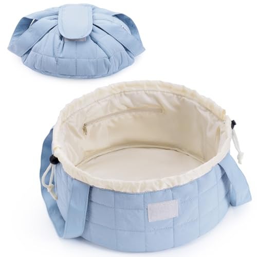 Narwey Lay Flat Open Drawstring Puffer Makeup Bag, Large Quilted Cosmetic Bag for Women Girls, Cute Make up Bags with Handle, Travel Toiletry Bag for Skincare, Brushes & Travel Essentials (Blue) - Image 1