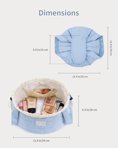 Narwey Lay Flat Open Drawstring Puffer Makeup Bag, Large Quilted Cosmetic Bag for Women Girls, Cute Make up Bags with Handle, Travel Toiletry Bag for Skincare, Brushes & Travel Essentials (Blue) - Image 5