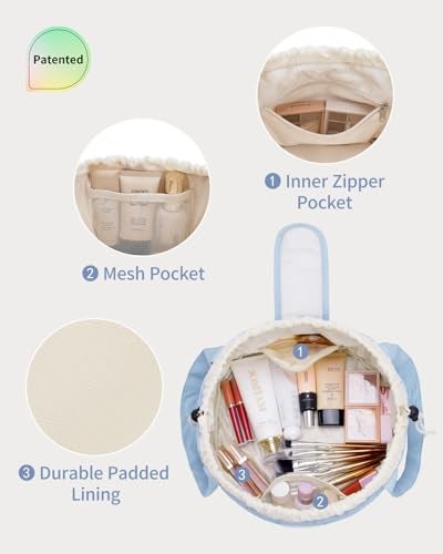 Narwey Lay Flat Open Drawstring Puffer Makeup Bag, Large Quilted Cosmetic Bag for Women Girls, Cute Make up Bags with Handle, Travel Toiletry Bag for Skincare, Brushes & Travel Essentials (Blue) - Image 3