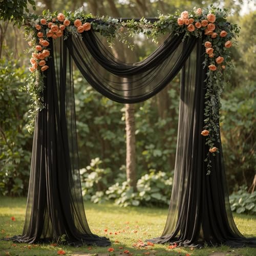 PARTISKY Wedding Arch Draping Fabric, 2 Panels 18FT Black Sheer Backdrop Curtain Chiffon Fabric Drapery Voile Scarf Draping Panels for Wedding Archway Ceremony Curtain Valance Party Decoration - Image 1