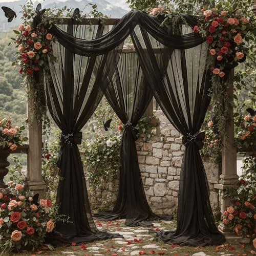 PARTISKY Wedding Arch Draping Fabric, 2 Panels 18FT Black Sheer Backdrop Curtain Chiffon Fabric Drapery Voile Scarf Draping Panels for Wedding Archway Ceremony Curtain Valance Party Decoration - Image 4