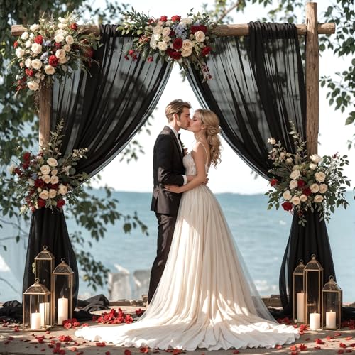 PARTISKY Wedding Arch Draping Fabric, 2 Panels 18FT Black Sheer Backdrop Curtain Chiffon Fabric Drapery Voile Scarf Draping Panels for Wedding Archway Ceremony Curtain Valance Party Decoration - Image 3