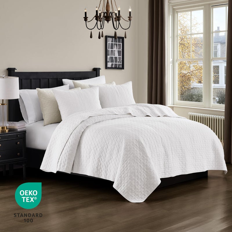 palassio White 100% Cotton Quilt King Size Bedding Sets with 2 Pillow Shams, Textured Lightweight Soft Bedspread Shabby Chic Coverlet, Quilted Comforter Bed Cover for All Season, 3 Pieces - Image 2