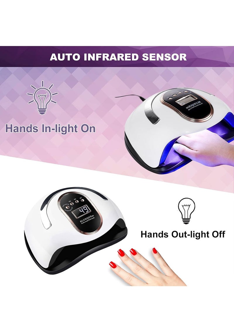 BLUEQUE - 168 W Nail Dryer Lamp, UV LED Nail Lamp for Gel Nails, LCD Display, Infrared Sensor, with 10s/30s/60s/99s Timer Settings, Removable Magnetic Base Plate - Image 1