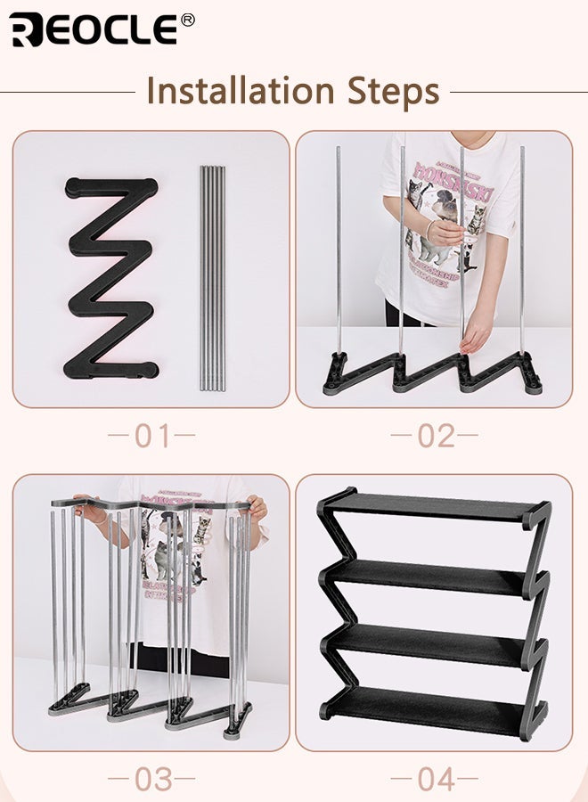 REOCLE 4 Tiers Z-Shaped Shoe Rack Space-saving Shoe Storage Organizer Easy to Assemble No Tool Installation Suitable for Living Rooms or Dormitories - Image 5
