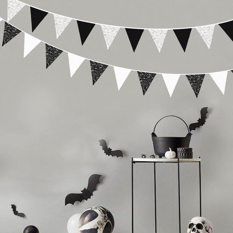 pinkblume 10M/32Ft Black White Pennant Banner Fabric Lace Triangle Flag Cotton Bunting Garland for Wedding Birthday Anniversary Party Home Nursery Outdoor Garden Hanging Festivals Decoration (36Pcs) - Image 4