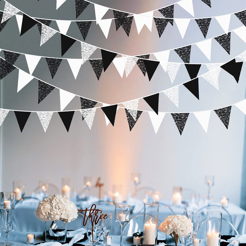pinkblume 10M/32Ft Black White Pennant Banner Fabric Lace Triangle Flag Cotton Bunting Garland for Wedding Birthday Anniversary Party Home Nursery Outdoor Garden Hanging Festivals Decoration (36Pcs) - Image 3