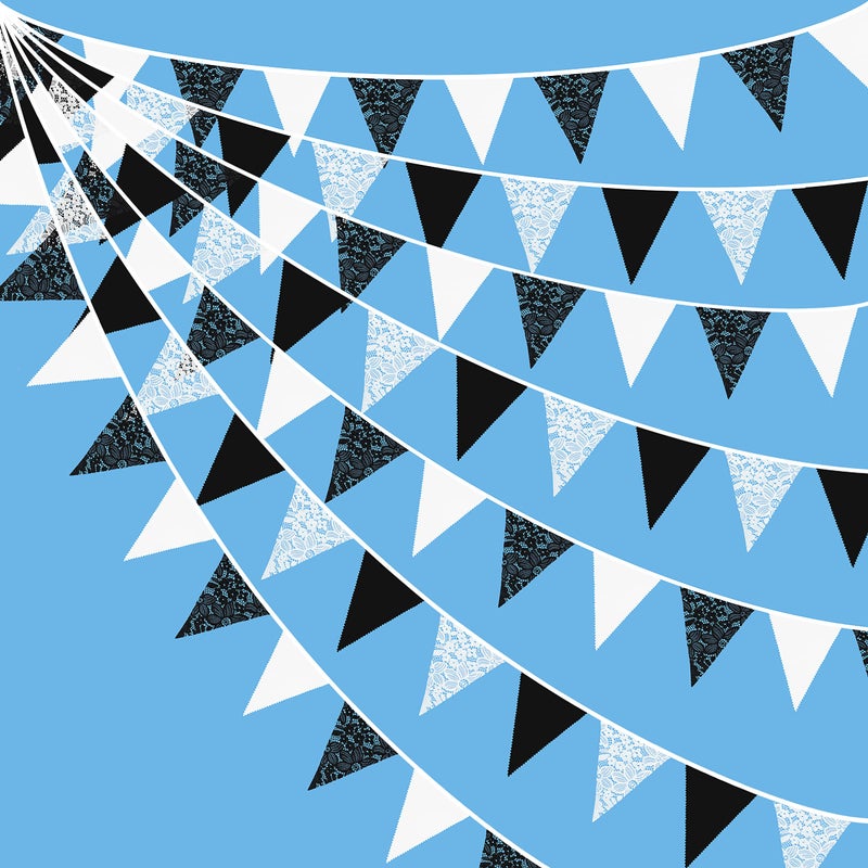 pinkblume 10M/32Ft Black White Pennant Banner Fabric Lace Triangle Flag Cotton Bunting Garland for Wedding Birthday Anniversary Party Home Nursery Outdoor Garden Hanging Festivals Decoration (36Pcs) - Image 1