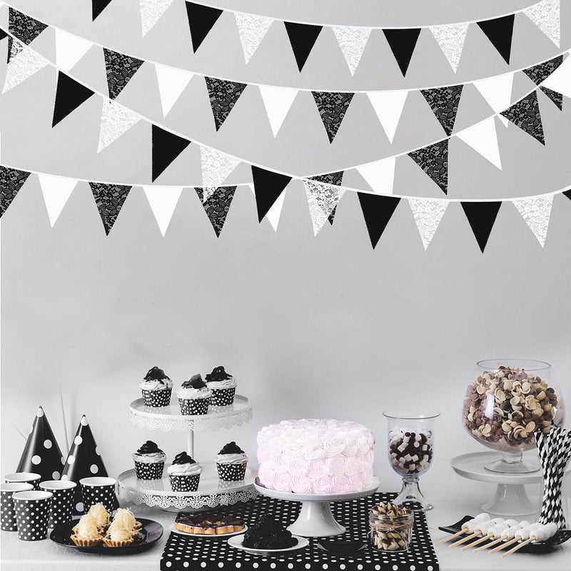 pinkblume 10M/32Ft Black White Pennant Banner Fabric Lace Triangle Flag Cotton Bunting Garland for Wedding Birthday Anniversary Party Home Nursery Outdoor Garden Hanging Festivals Decoration (36Pcs) - Image 5