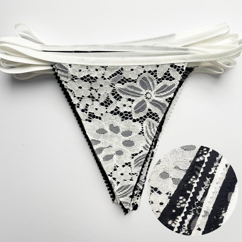 pinkblume 10M/32Ft Black White Pennant Banner Fabric Lace Triangle Flag Cotton Bunting Garland for Wedding Birthday Anniversary Party Home Nursery Outdoor Garden Hanging Festivals Decoration (36Pcs) - Image 2