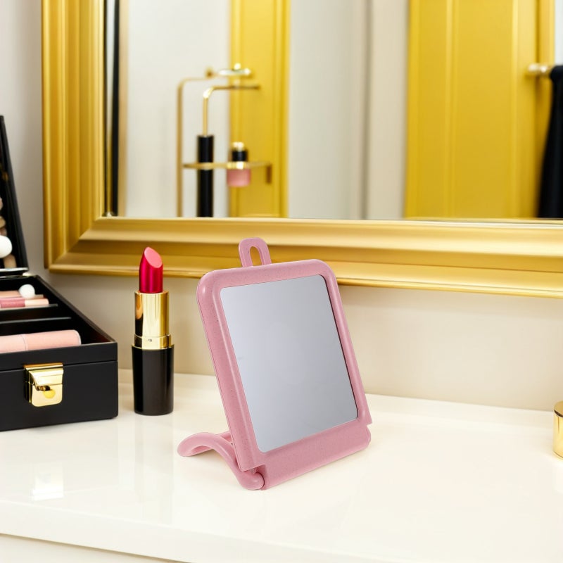 💄 مرآة مكياج صغيرة مستطيلة للنساء وردية من غطاء قش القمح زجاج قابلة للطي مع فتحة تعليق قطعة واحدة - Image 3