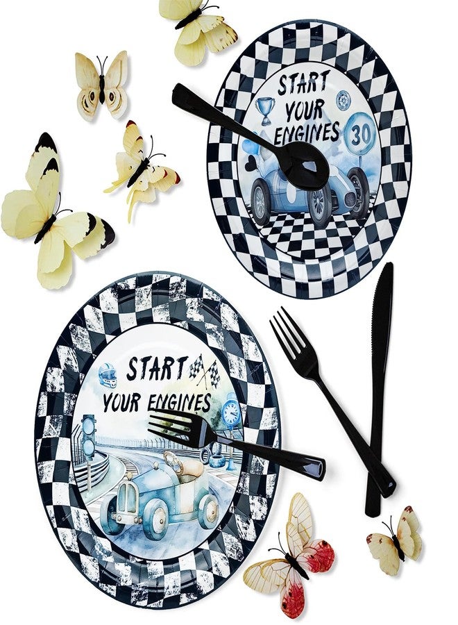 HSPAIDYP 175Pcs Race Car Birthday Party Supplies Black and White Checkered Set 9"& 7"Checkered Flag Plates Napkins Knives Forks Spoons Cups for Race Car Themed Birthday Party Decorations Serve25 - Image 3