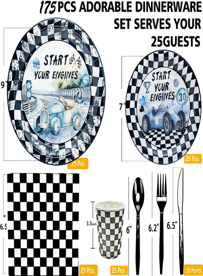 HSPAIDYP 175Pcs Race Car Birthday Party Supplies Black and White Checkered Set 9"& 7"Checkered Flag Plates Napkins Knives Forks Spoons Cups for Race Car Themed Birthday Party Decorations Serve25 - Image 2