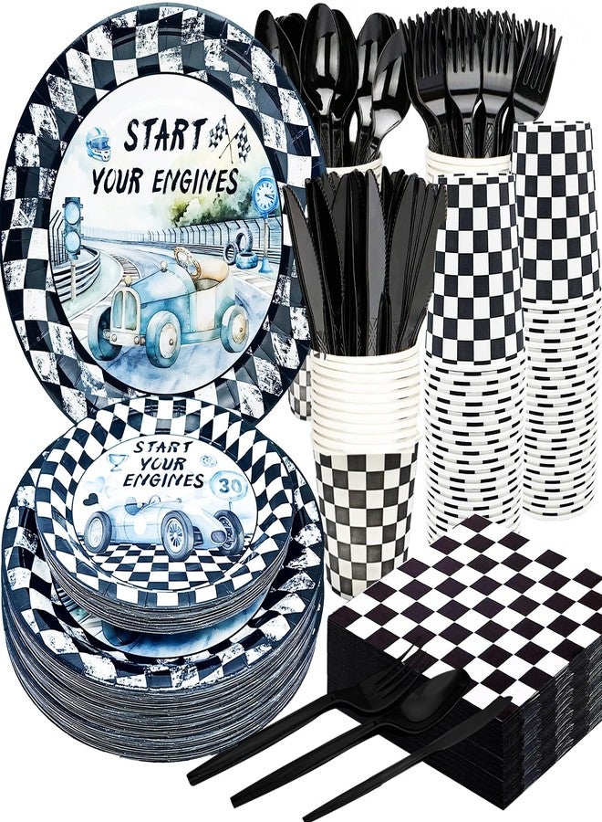 HSPAIDYP 175Pcs Race Car Birthday Party Supplies Black and White Checkered Set 9"& 7"Checkered Flag Plates Napkins Knives Forks Spoons Cups for Race Car Themed Birthday Party Decorations Serve25 - Image 1