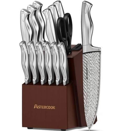 Astercook Knife Set 15Piece Kitchen Knife Set with Block Builtin Knife Sharpener German Stainless Steel Knife Block Set Dishwasher Safe