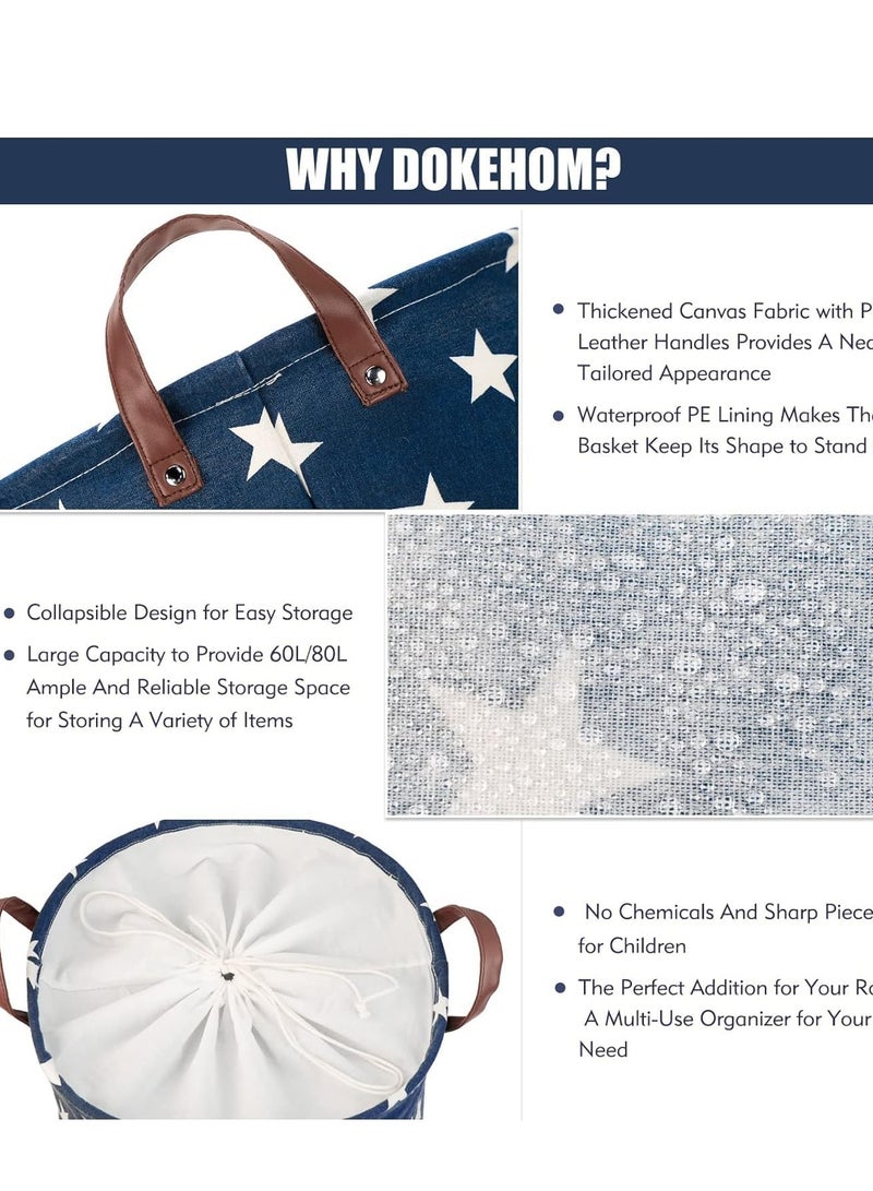 راكسوم سلة غسيل قابلة للطي مع غطاء، 40×50 سم، حقيبة سلة غسيل مستقلة للملابس المتسخة، دلو تخزين الألعاب مع مقبض (نجمة زرقاء) - Image 3