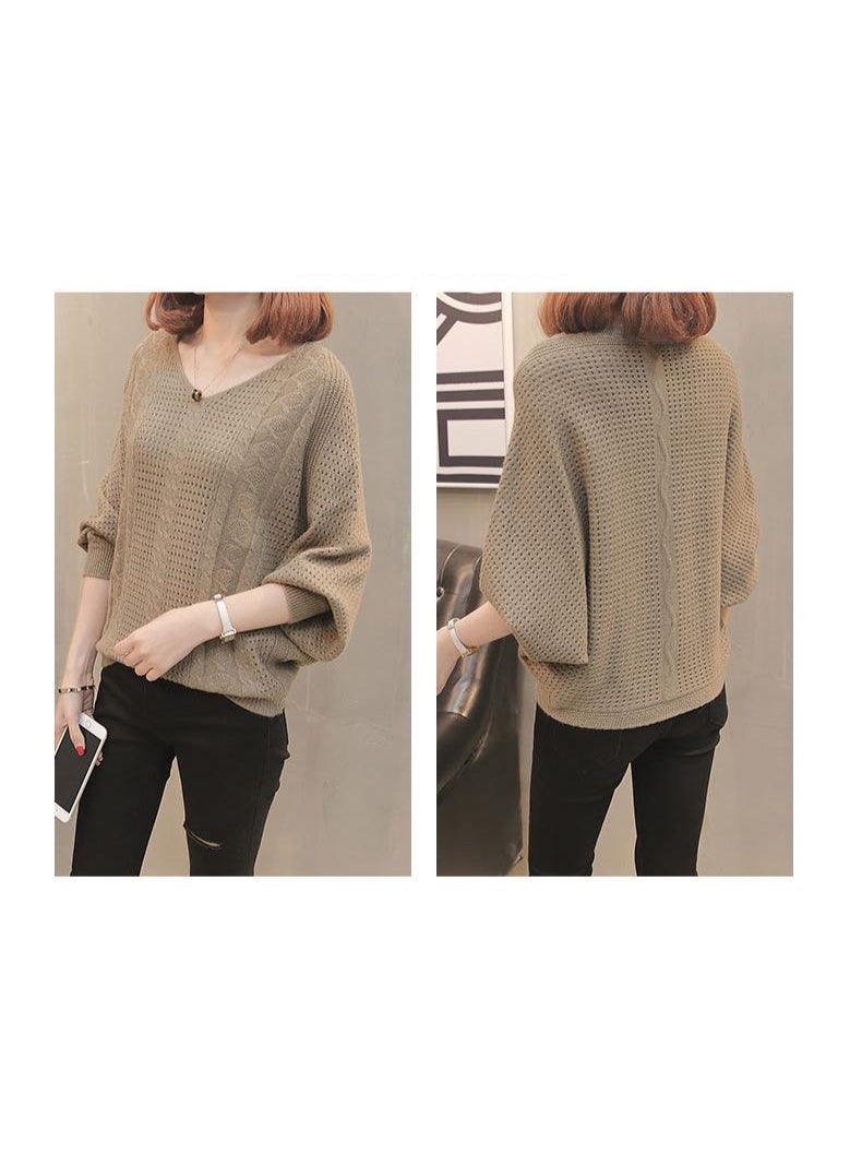 NIBEMINENT Spring Autumn  Korean Women's Hollow Bat Shirt Women's Solid Color Hole V-neck Knitted Sweater Loose Sweater - Image 2