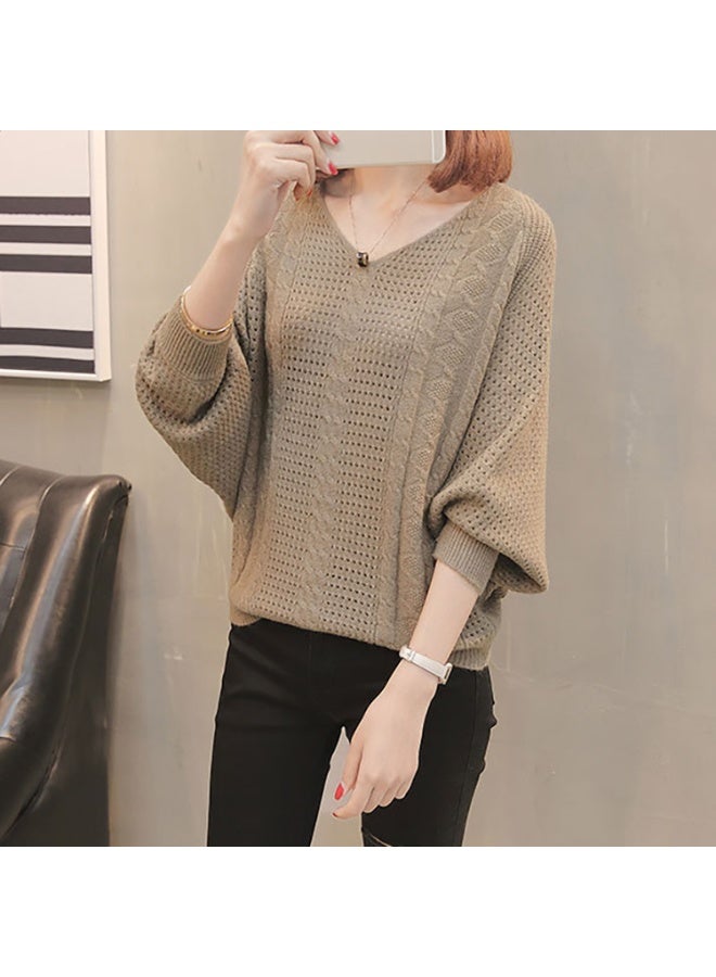 NIBEMINENT Spring Autumn  Korean Women's Hollow Bat Shirt Women's Solid Color Hole V-neck Knitted Sweater Loose Sweater - Image 1