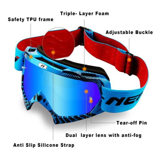 NENKI Dirt Bike Goggles for Adults Youth OTG Riding Goggles for MX ATV Motorcycle AntiFog Blue Lens UV400 Protection - Image 3
