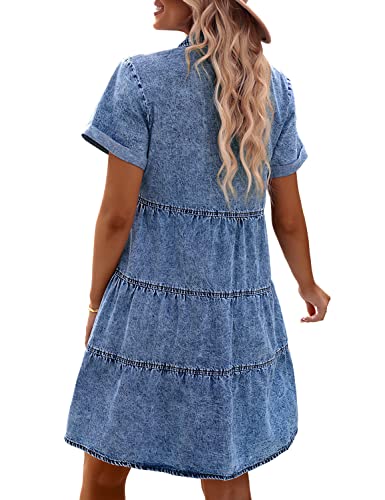 GRAPENT Women's Blue Denim Button Down Shirt Dress for Women, Size Medium, Above Knee Length, High Waist, Short Sleeves, Tiered Back, Casual Daily Wear Dress - Image 2