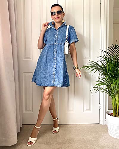 GRAPENT Women's Blue Denim Button Down Shirt Dress for Women, Size Medium, Above Knee Length, High Waist, Short Sleeves, Tiered Back, Casual Daily Wear Dress - Image 5