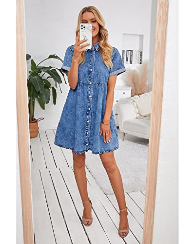 GRAPENT Women's Blue Denim Button Down Shirt Dress for Women, Size Medium, Above Knee Length, High Waist, Short Sleeves, Tiered Back, Casual Daily Wear Dress - Image 3
