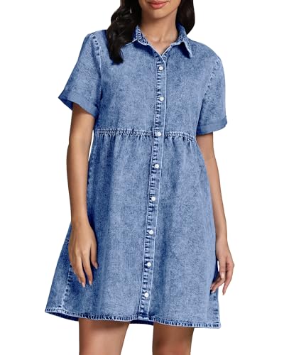 GRAPENT Women's Blue Denim Button Down Shirt Dress for Women, Size Medium, Above Knee Length, High Waist, Short Sleeves, Tiered Back, Casual Daily Wear Dress - Image 1