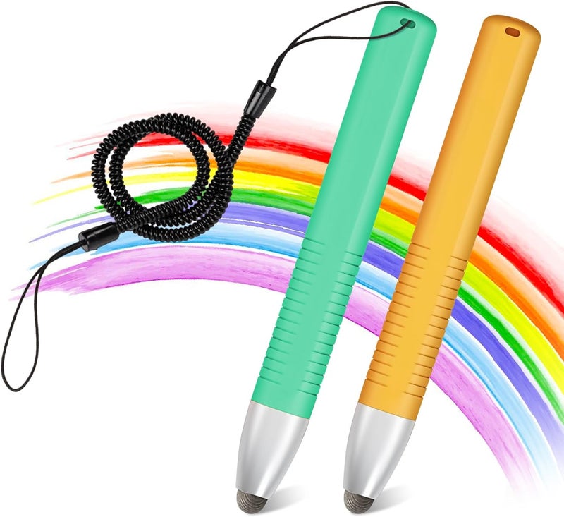 smrtcol 2pcs Kid-Friendly Stylus Pens for Touch Screens, Tablet Stylus Pen with Spring Cord Universal Touch Screen Capacitive Crayon Stylus Green Orange - Image 1