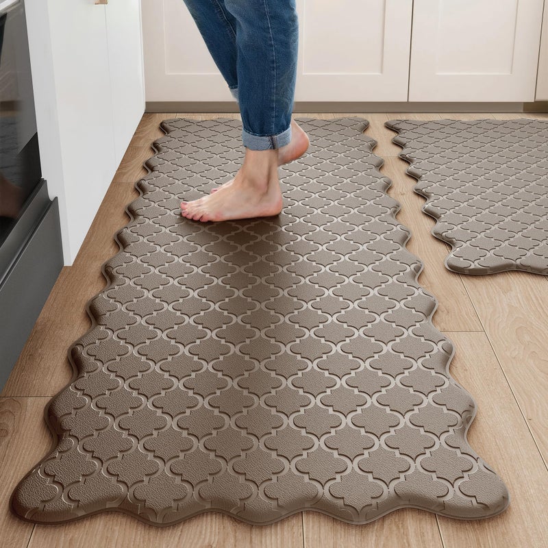 Arenarug Upgrade Scalloped Embossed Kitchen Mats for Floor 2PCS Cushioned Anti Fatigue Waterproof Foam Kitchen Rugs Non Slip Washable Comfort Standing Mat for Office Sink Laundry, Brown - Image 1